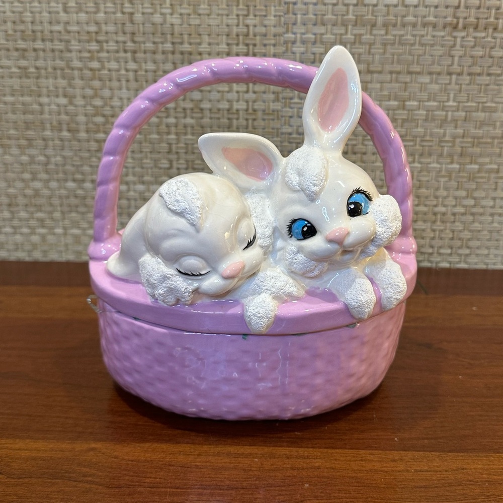 🌟3xHP🌟VTG 1980s Lavender Ceramic Bunny Lidded Easter Basket Candy Dish Hobbyist - Picture 1 of 11